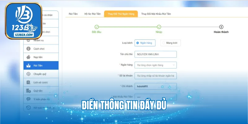 Rút Tiền 123B Điền thông tin đầy đủ